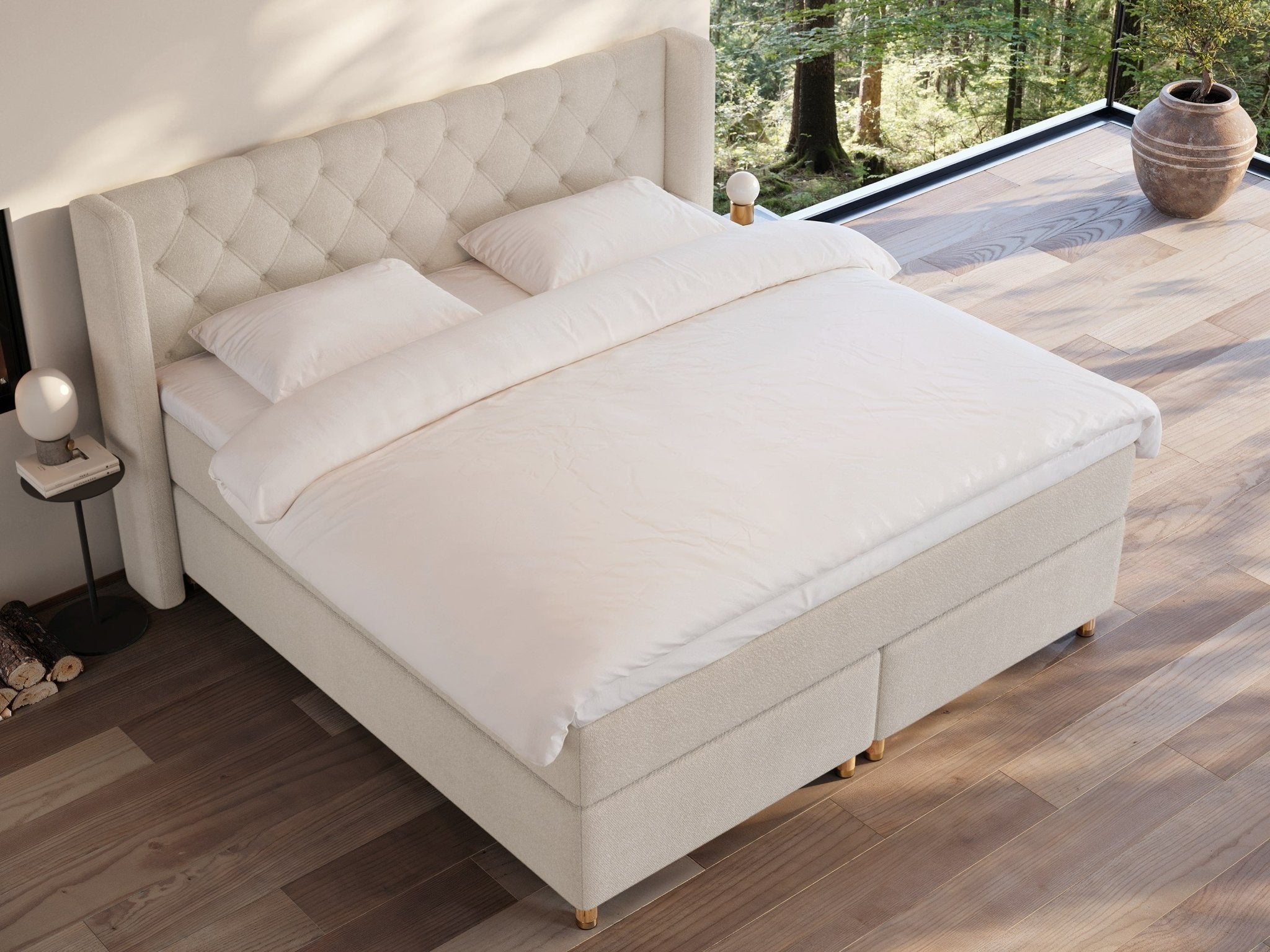 Eira Fjord 200x200 Bouclé cream Nordic Dream tilbyder senge med skandinavisk design og højkvalitets materialer. Oplev perfekt komfort for en god nattesøvn. Bestil din i dag!