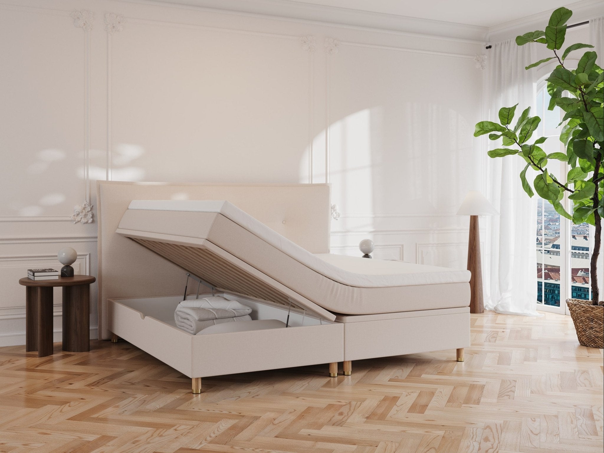 Alva Fjord 220x220 Sand Nordic Dream tilbyder senge med skandinavisk design og højkvalitets materialer. Oplev perfekt komfort for en god nattesøvn. Bestil din i dag!