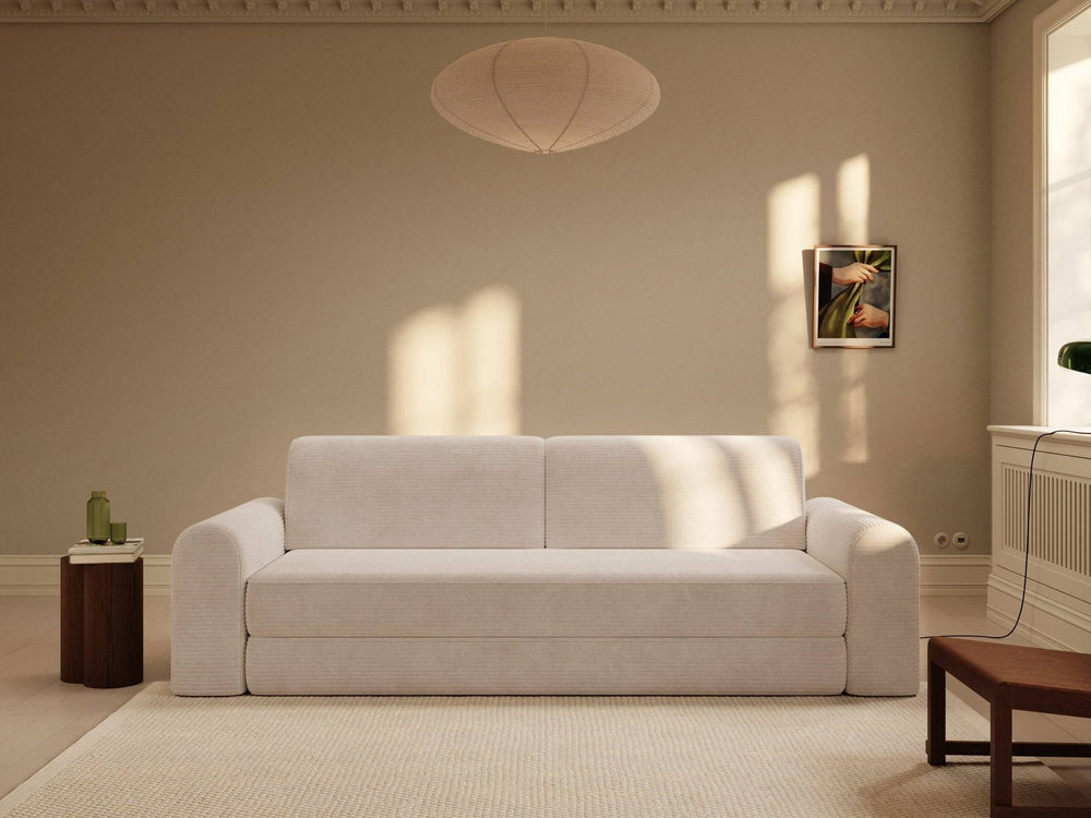 Ivory fløjls sovesofa Astra 200x200 cm i lys creme, bløde afrundede armlæn, enkel stil i lyst rum