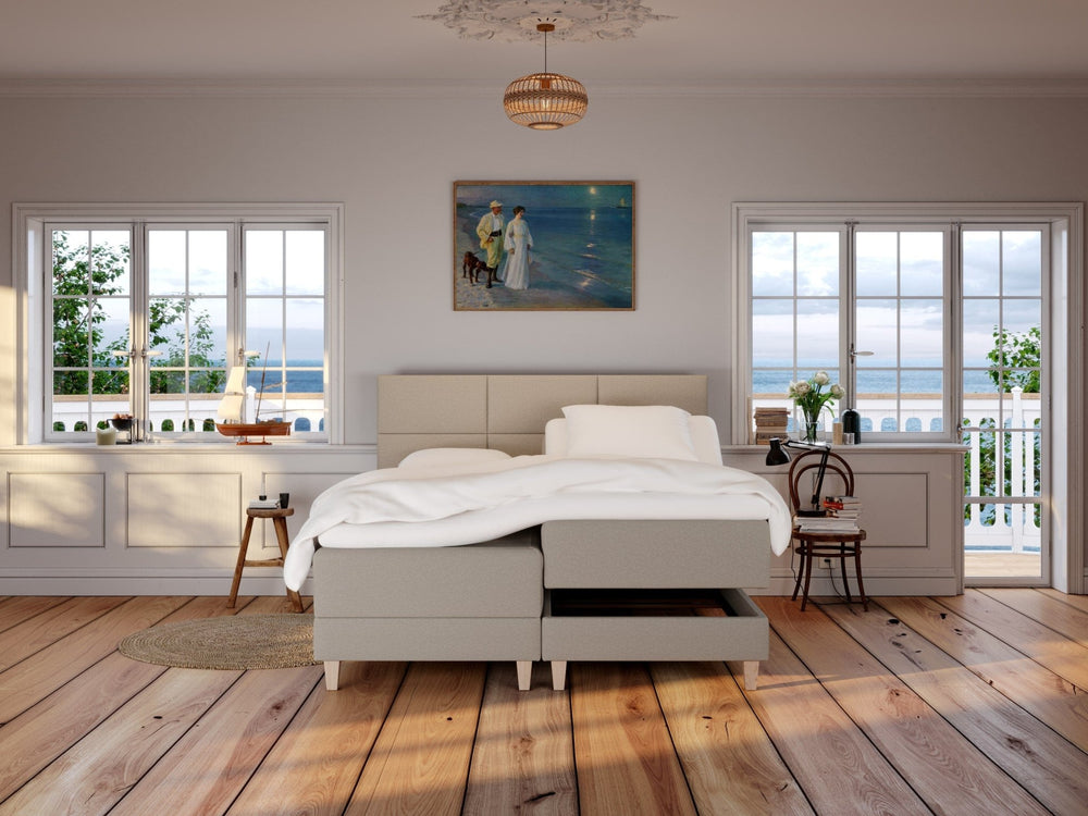 Aura Älv 180x210 Sand Nordic Dream tilbyder senge med skandinavisk design og højkvalitets materialer. Oplev perfekt komfort for en god nattesøvn. Bestil din i dag!