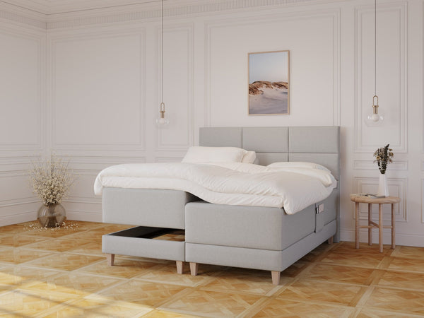 Aura Fjord 160x200 Lys grå Nordic Dream tilbyder senge med skandinavisk design og højkvalitets materialer. Oplev perfekt komfort for en god nattesøvn. Bestil din i dag!