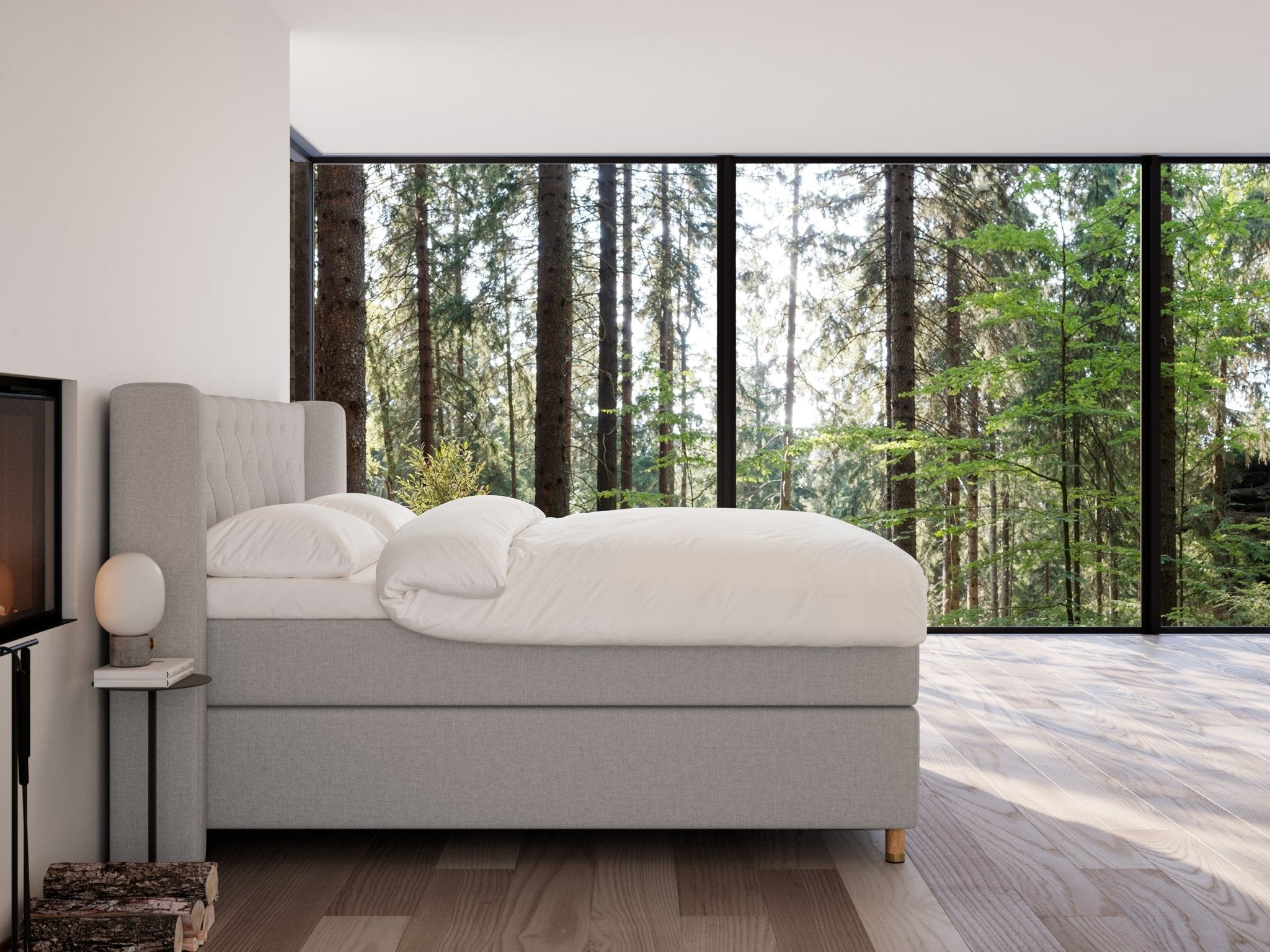 Eira Fjord 220x220 Lys grå Nordic Dream tilbyder senge med skandinavisk design og højkvalitets materialer. Oplev perfekt komfort for en god nattesøvn. Bestil din i dag!