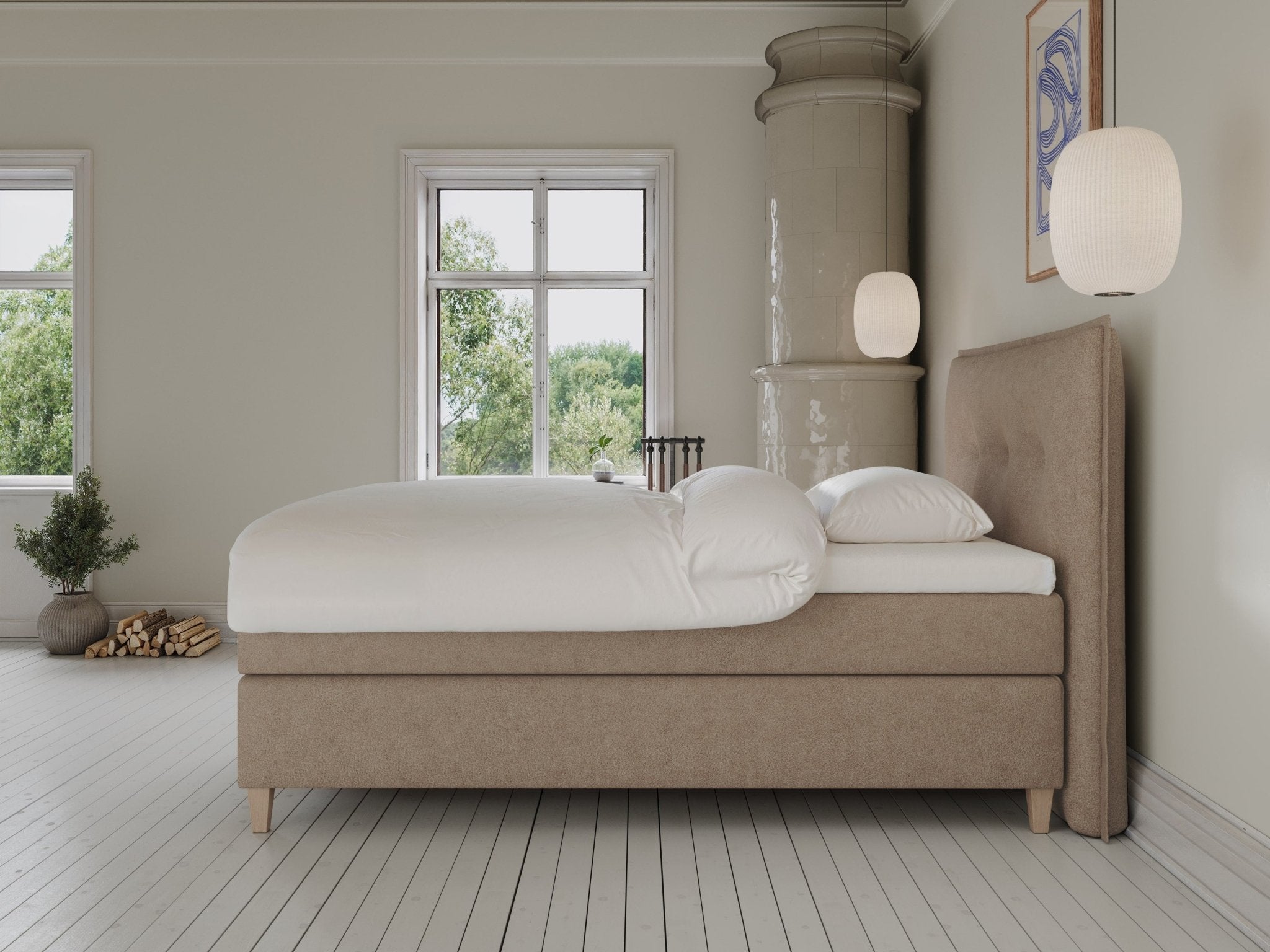 Snefrid Älv 120x200 Bouclé latte Nordic Dream tilbyder senge med skandinavisk design og højkvalitets materialer. Oplev perfekt komfort for en god nattesøvn. Bestil din i dag!