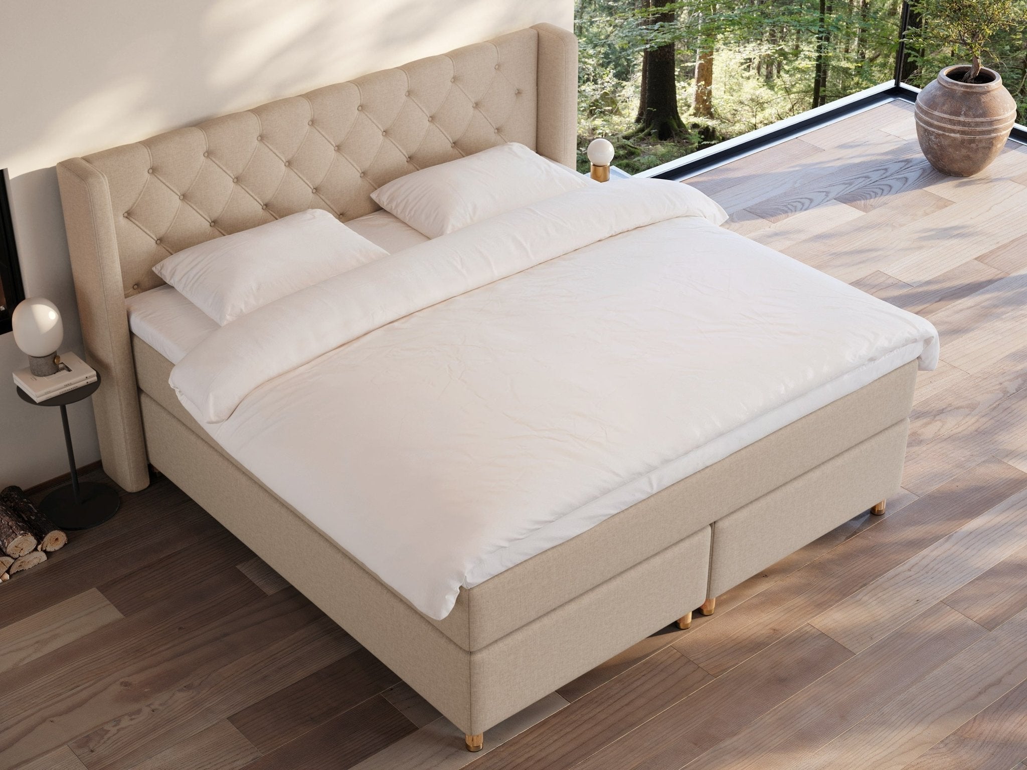 Eira Fjord 220x220 Sand Nordic Dream tilbyder senge med skandinavisk design og højkvalitets materialer. Oplev perfekt komfort for en god nattesøvn. Bestil din i dag!