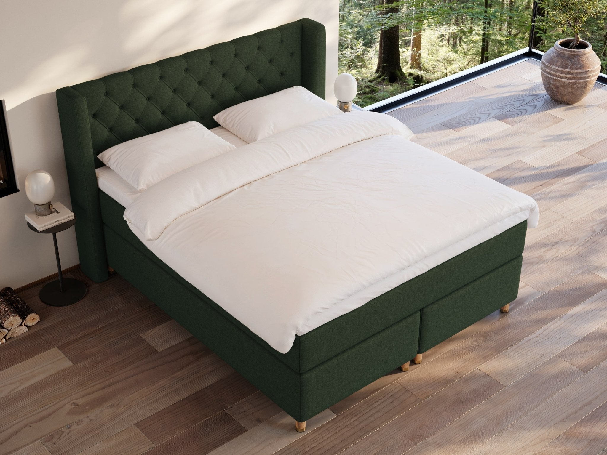 Eira Fjord 160x200 Dyb grøn Nordic Dream tilbyder senge med skandinavisk design og højkvalitets materialer. Oplev perfekt komfort for en god nattesøvn. Bestil din i dag!