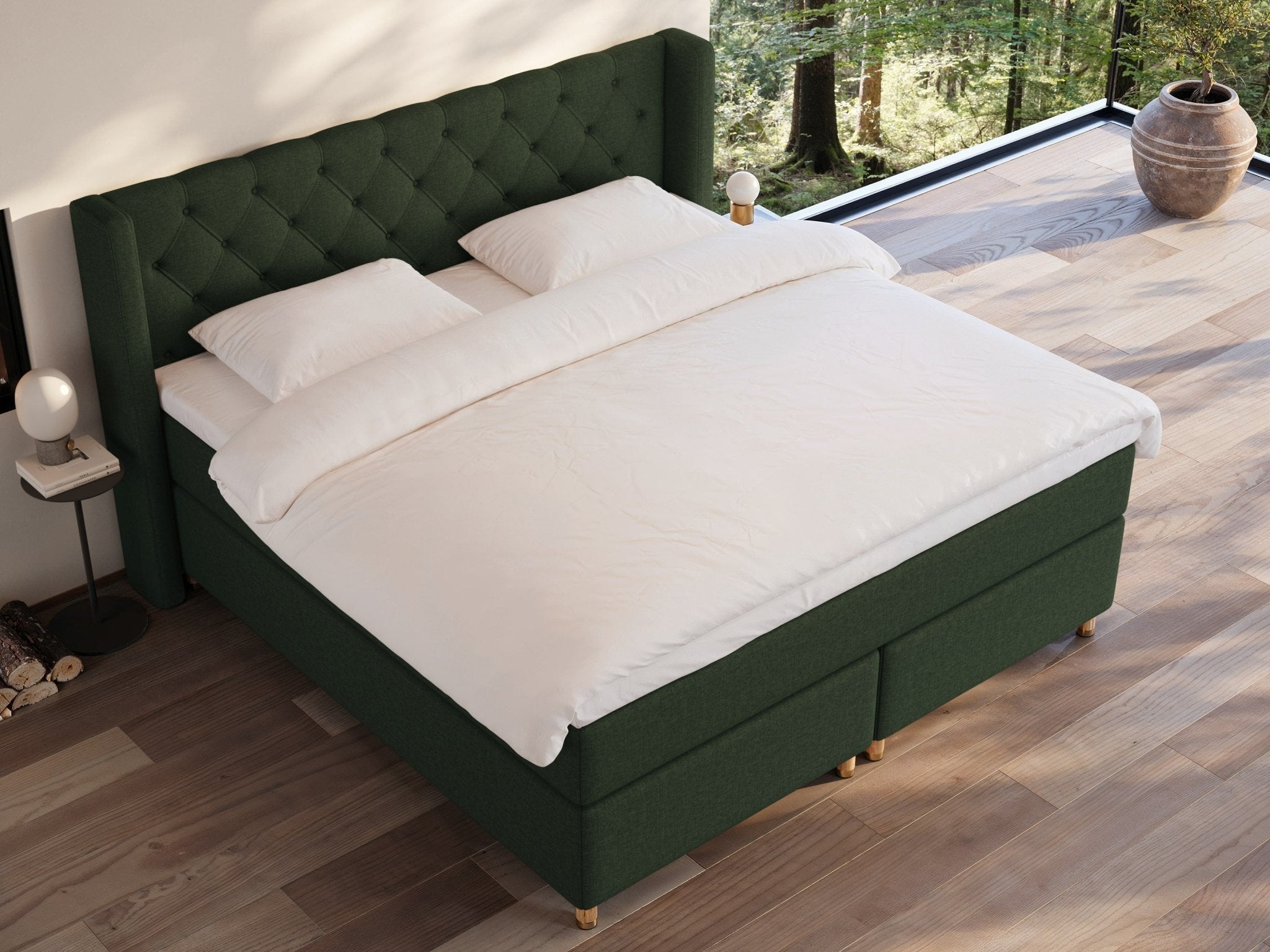 Eira Fjord 200x200 Dyb grøn Nordic Dream tilbyder senge med skandinavisk design og højkvalitets materialer. Oplev perfekt komfort for en god nattesøvn. Bestil din i dag!