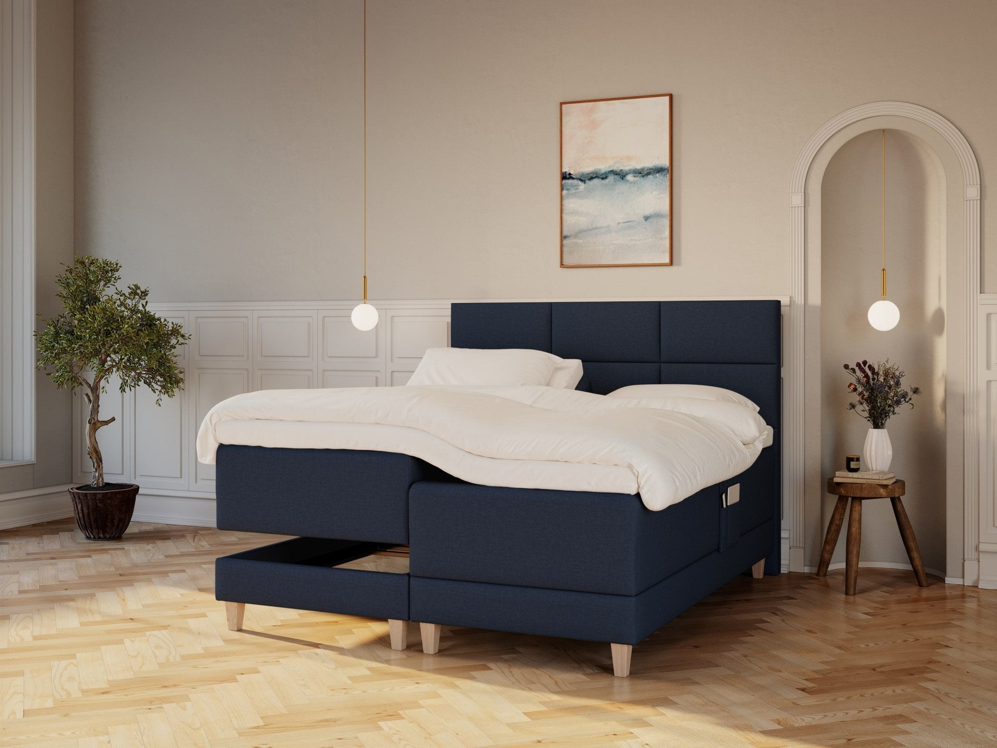 Aura Nordlys 160x200 Dyb blå Nordic Dream tilbyder senge med skandinavisk design og højkvalitets materialer. Oplev perfekt komfort for en god nattesøvn. Bestil din i dag!