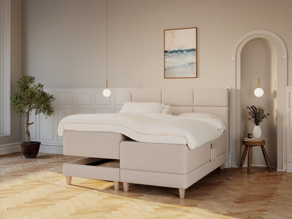 Aura Nordlys 180x200 Sand Nordic Dream tilbyder senge med skandinavisk design og højkvalitets materialer. Oplev perfekt komfort for en god nattesøvn. Bestil din i dag!