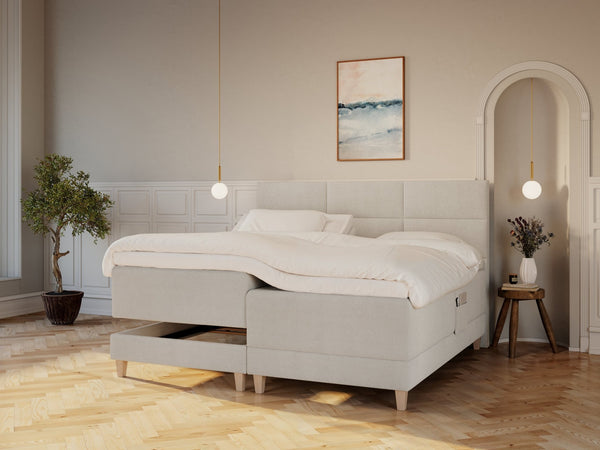 Aura Nordlys 210x210 Bouclé cream Nordic Dream tilbyder senge med skandinavisk design og højkvalitets materialer. Oplev perfekt komfort for en god nattesøvn. Bestil din i dag!
