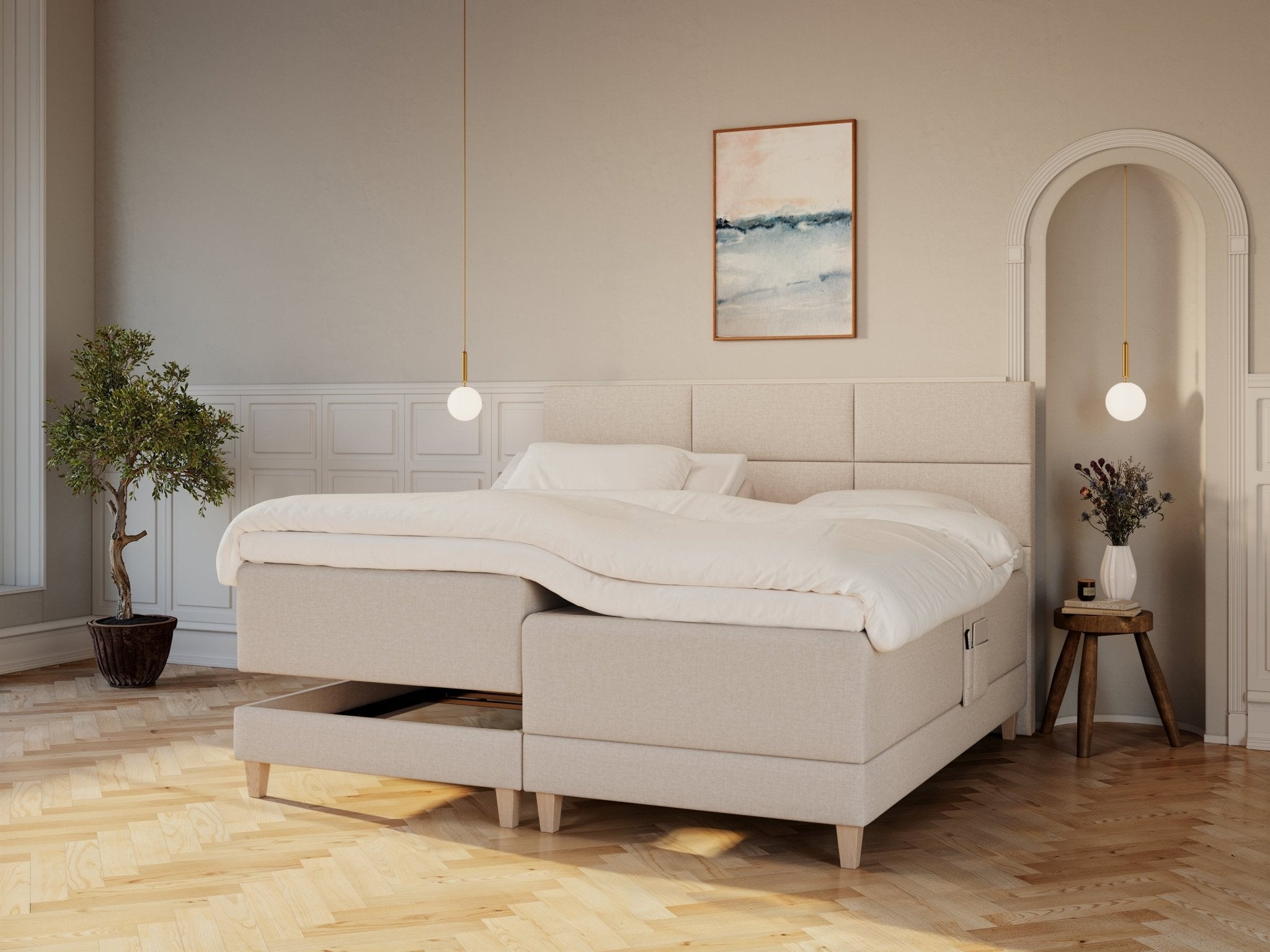 Aura Nordlys 210x210 Sand Nordic Dream tilbyder senge med skandinavisk design og højkvalitets materialer. Oplev perfekt komfort for en god nattesøvn. Bestil din i dag!