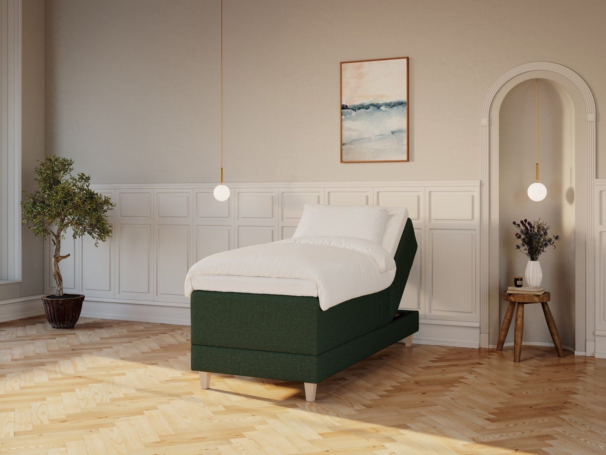Aura Nordlys 90x200 Dyb grøn Nordic Dream tilbyder senge med skandinavisk design og højkvalitets materialer. Oplev perfekt komfort for en god nattesøvn. Bestil din i dag!