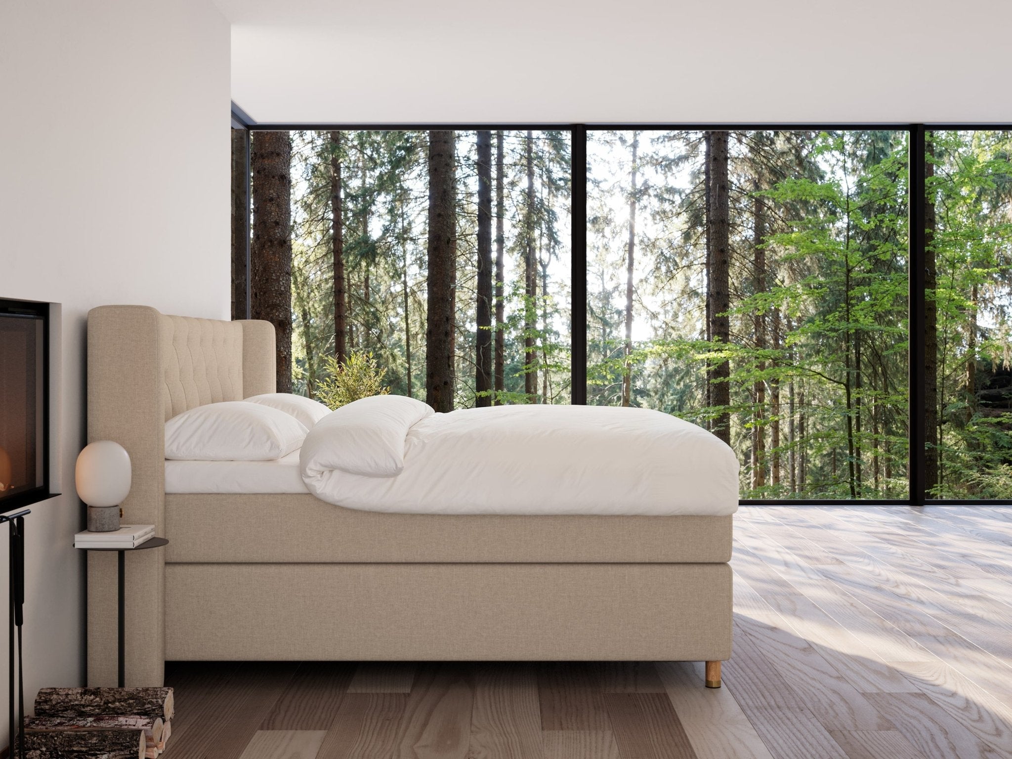 Eira Fjord 220x220 Sand Nordic Dream tilbyder senge med skandinavisk design og højkvalitets materialer. Oplev perfekt komfort for en god nattesøvn. Bestil din i dag!