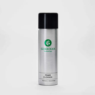 Sølv spraydåse med sort låg mærket "Guardian Foam Cleaner" til skumrens, grøn logo og enkel hvid baggrund