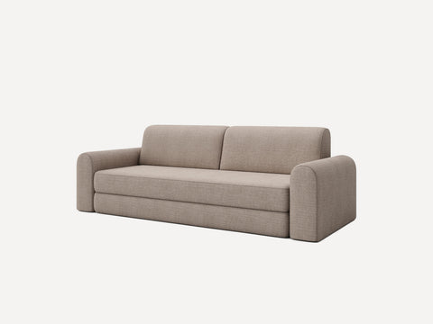 Beige to-personers sofa med runde armlæn og tekstilbetræk i minimalistisk design.