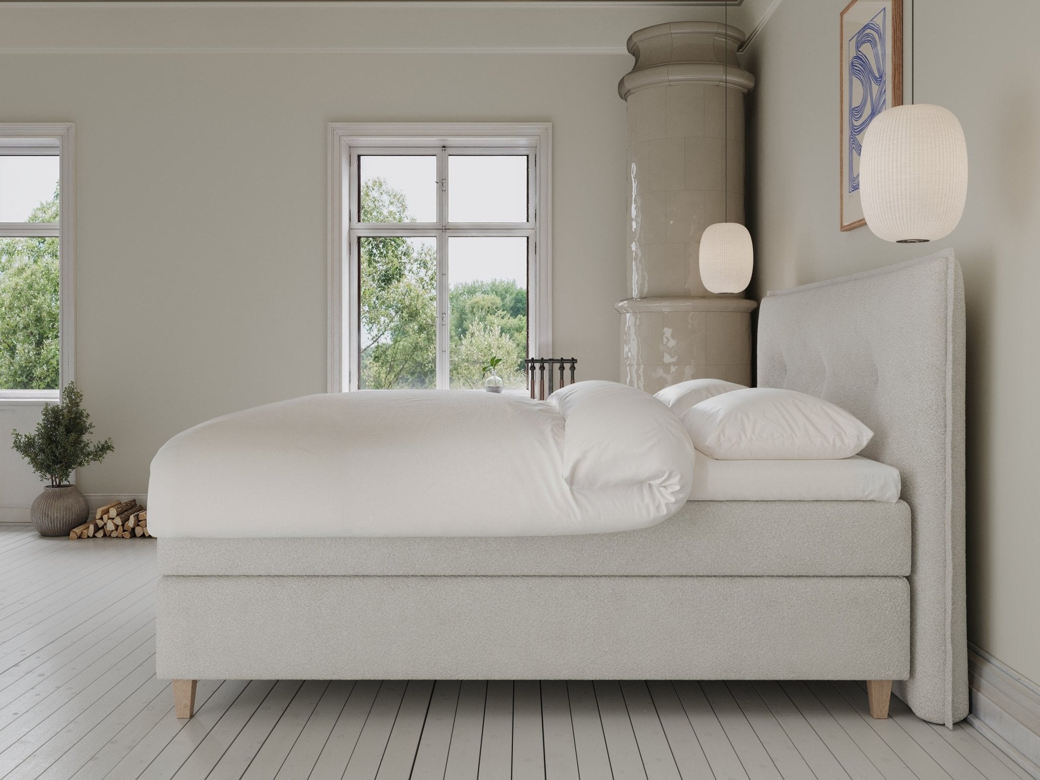 Snefrid Älv 220x220 Bouclé cream Nordic Dream tilbyder senge med skandinavisk design og højkvalitets materialer. Oplev perfekt komfort for en god nattesøvn. Bestil din i dag!