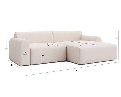 L-formet modulsofa i lys beige vævet tekstil med afrundede armlæn og lave sorte ben, målmarkeret på siderne