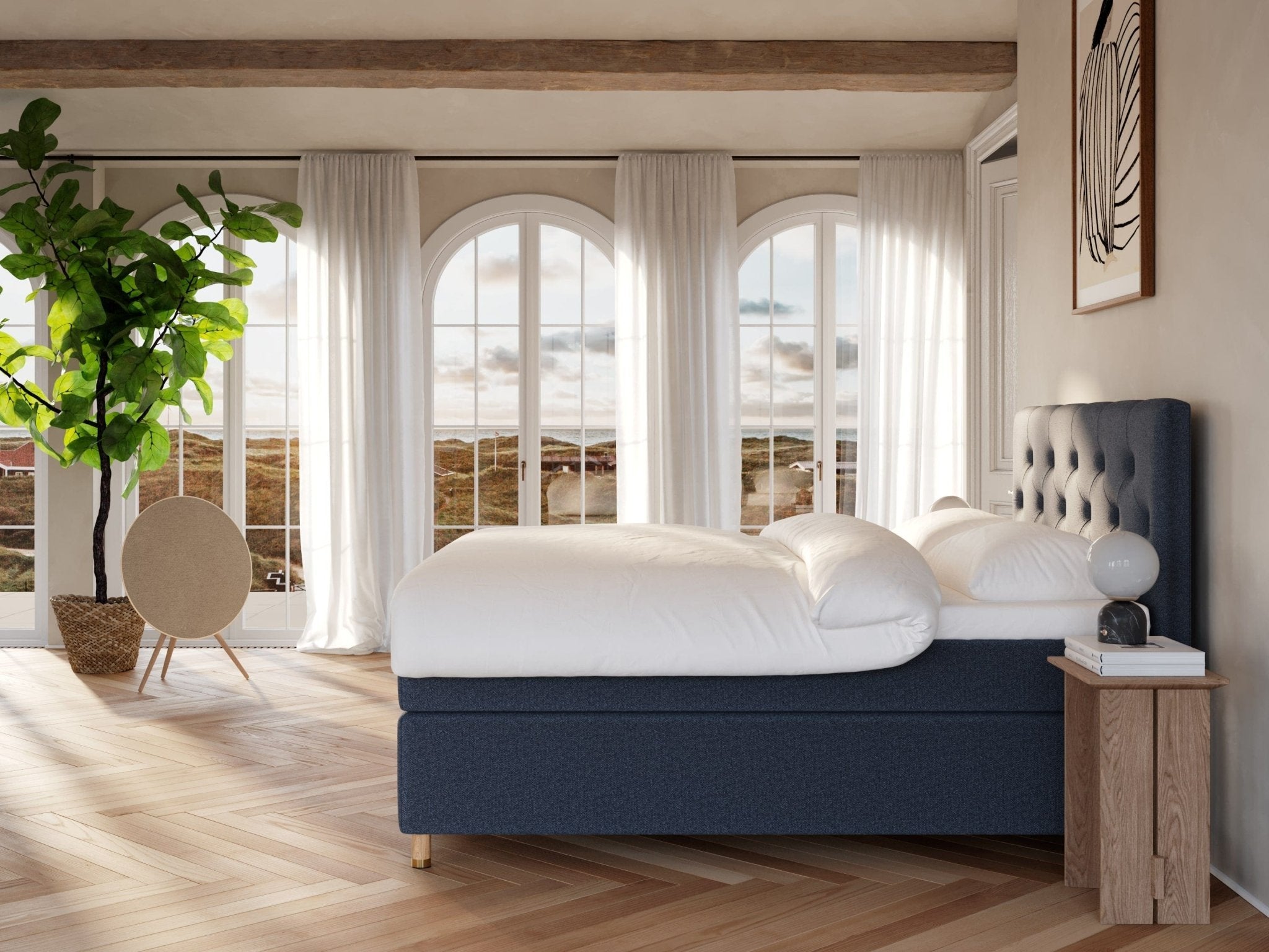 Nora Fjäll 220x220 Dyb blå Nordic Dream tilbyder senge med skandinavisk design og højkvalitets materialer. Oplev perfekt komfort for en god nattesøvn. Bestil din i dag!